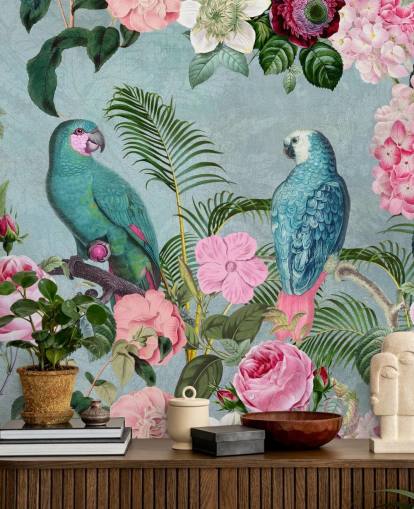 roze en groen junglebehang genaamd Jungle Rendezvous van Andrea Haase roze en groen junglebehang genaamd Jungle Rendezvous van Andrea Haase