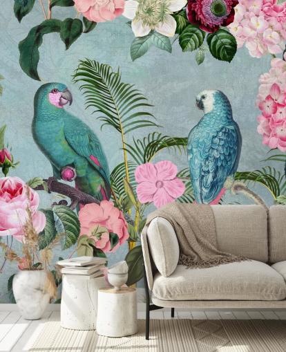 pink and green jungle wallpaper called Jungle Rendezvous by Andrea Haase