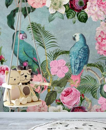 roze en groen junglebehang genaamd Jungle Rendezvous van Andrea Haase