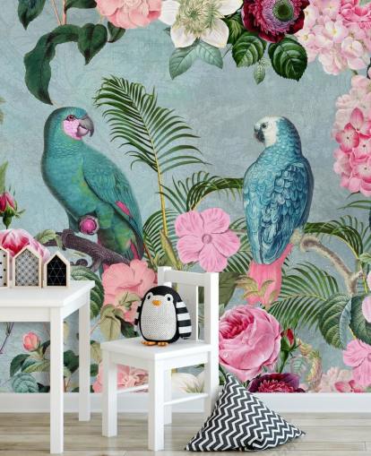 pink and green jungle wallpaper called Jungle Rendezvous by Andrea Haase
