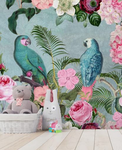 pink and green jungle wallpaper called Jungle Rendezvous by Andrea Haase