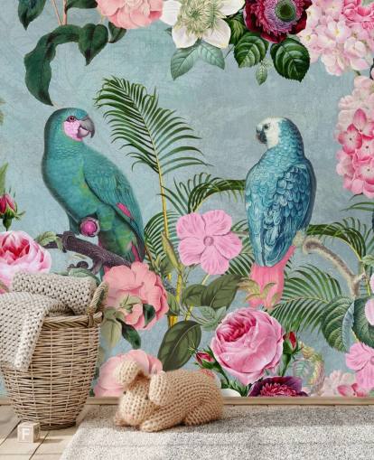 pink and green jungle wallpaper called Jungle Rendezvous by Andrea Haase