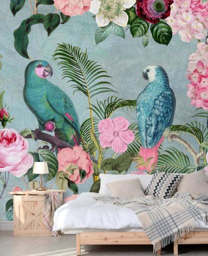 papier peint de la jungle rose et vert appelé Jungle Rendezvous par Andrea Haase