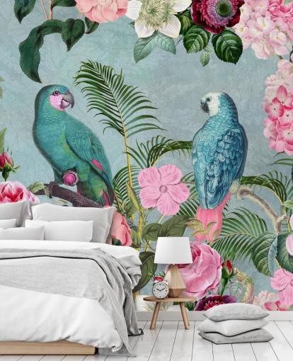 papier peint de la jungle rose et vert appelé Jungle Rendezvous par Andrea Haase