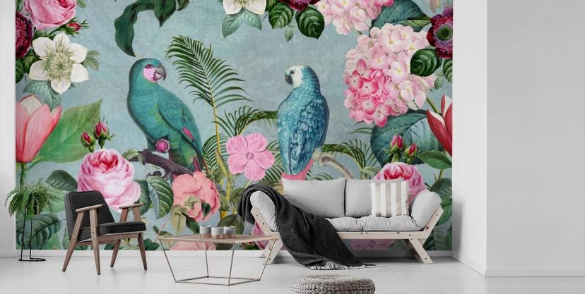 pink and green jungle wallpaper called Jungle Rendezvous by Andrea Haase