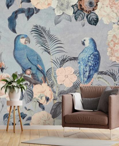 Parrots in Love Mural van Andrea Haase Parrots in Love Mural van Andrea Haase