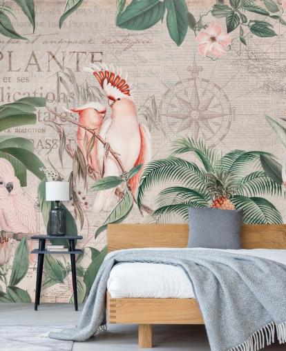 Decorazione murale vintage con giungla di cacatua