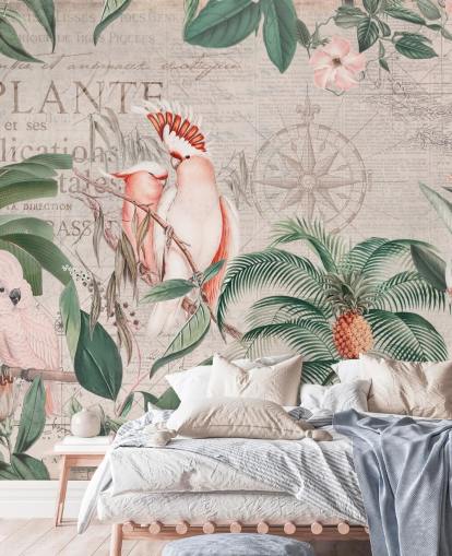 Decorazione murale vintage con giungla di cacatua