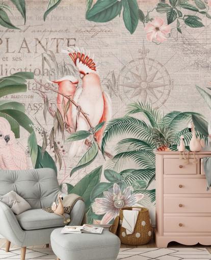 Decorazione murale vintage con giungla di cacatua