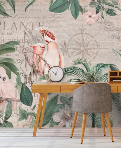 Decorazione murale vintage con giungla di cacatua