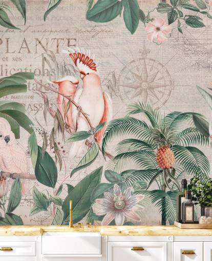 Decorazione murale vintage con giungla di cacatua