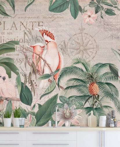 Decorazione murale vintage con giungla di cacatua