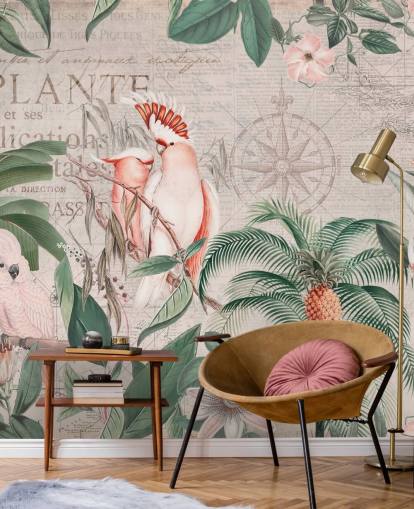 Decorazione murale vintage con giungla di cacatua