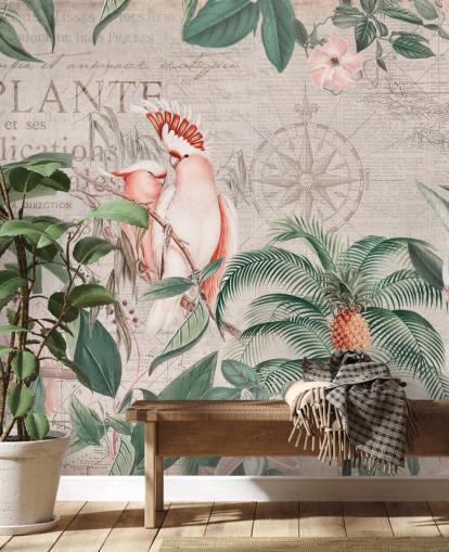 Decorazione murale vintage con giungla di cacatua