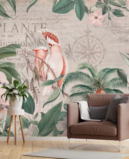 Decorazione murale vintage con giungla di cacatua