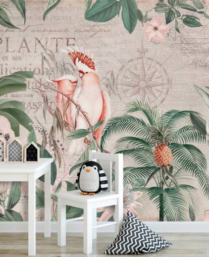 Decorazione murale vintage con giungla di cacatua