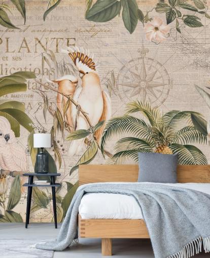 mural de papel pintado tropical beige llamado Wistful Cockatoo Jungle Mural de Andrea Haase para dormitorios y salas de estar