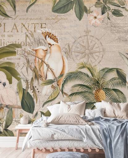 beige tropical wallpaper mural called Wistful Cockatoo Jungle Mural by Andrea Haase for bedrooms and living rooms