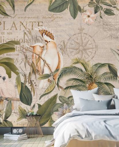 carta da parati murale tropicale beige chiamata Wistful Cockatoo Jungle Mural di Andrea Haase per camere da letto e salotti