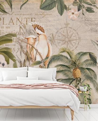 beige tropisk tapetmaleri kaldet Wistful Cockatoo Jungle Mural af Andrea Haase til soveværelser og stuer