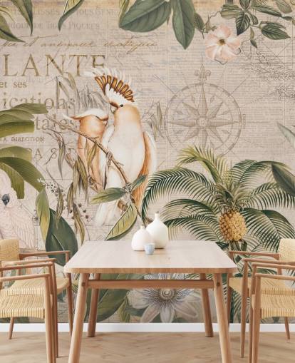 mural de papel pintado tropical beige llamado Wistful Cockatoo Jungle Mural de Andrea Haase para dormitorios y salas de estar