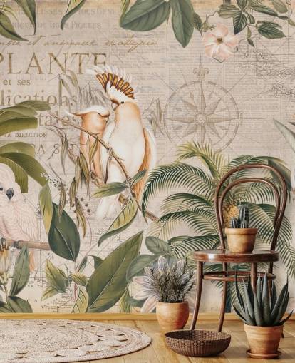carta da parati murale tropicale beige chiamata Wistful Cockatoo Jungle Mural di Andrea Haase per camere da letto e salotti carta da parati murale tropicale beige chiamata Wistful Cockatoo Jungle Mural di Andrea Haase per camere da letto e salotti