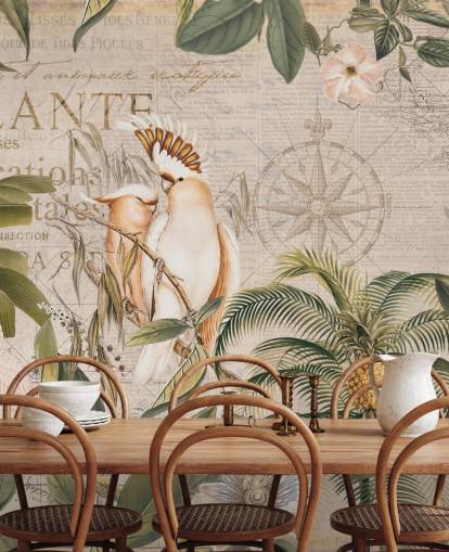 beige tropisk tapet väggmålning som heter Wistful Cockatoo Jungle Mural av Andrea Haase för sovrum och vardagsrum