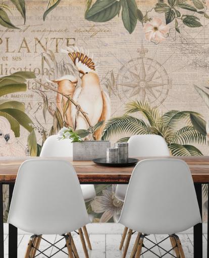 beige tropisk tapet väggmålning som heter Wistful Cockatoo Jungle Mural av Andrea Haase för sovrum och vardagsrum