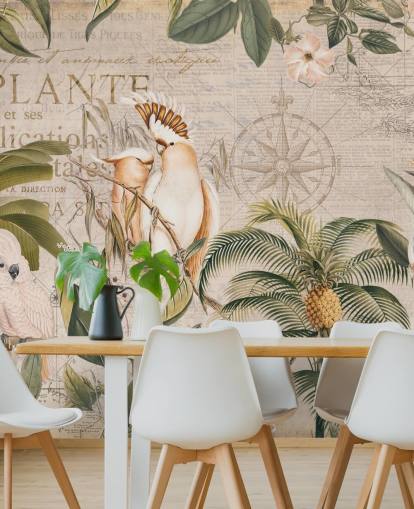 beige tropical wallpaper mural called Wistful Cockatoo Jungle Mural by Andrea Haase for bedrooms and living rooms