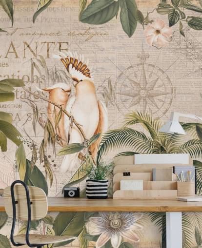 beige tropisk tapetmaleri kaldet Wistful Cockatoo Jungle Mural af Andrea Haase til soveværelser og stuer