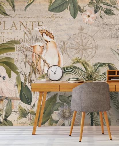 beige tropisk tapet väggmålning som heter Wistful Cockatoo Jungle Mural av Andrea Haase för sovrum och vardagsrum