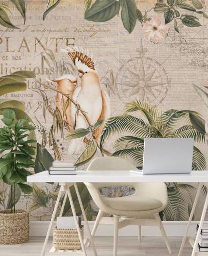 beige tropisk tapet väggmålning som heter Wistful Cockatoo Jungle Mural av Andrea Haase för sovrum och vardagsrum