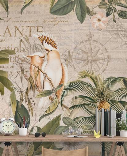 beige tropische behangmuurschildering genaamd Wistful Cockatoo Jungle Mural van Andrea Haase voor slaapkamers en woonkamers