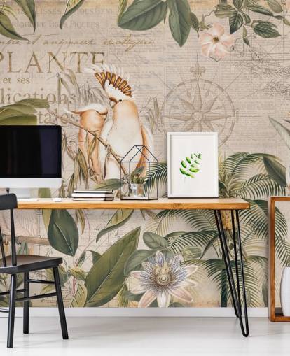beige tropical wallpaper mural called Wistful Cockatoo Jungle Mural by Andrea Haase for bedrooms and living rooms