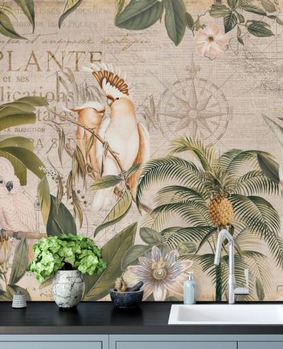 mural de papel pintado tropical beige llamado Wistful Cockatoo Jungle Mural de Andrea Haase para dormitorios y salas de estar