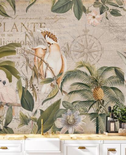 mural de papel pintado tropical beige llamado Wistful Cockatoo Jungle Mural de Andrea Haase para dormitorios y salas de estar