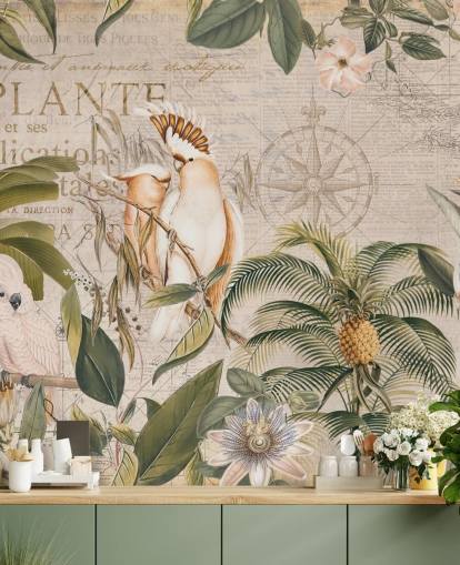 beige tropical wallpaper mural called Wistful Cockatoo Jungle Mural by Andrea Haase for bedrooms and living rooms