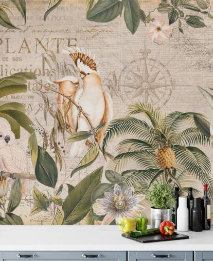 beige tropisk tapetmaleri kaldet Wistful Cockatoo Jungle Mural af Andrea Haase til soveværelser og stuer