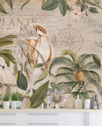 beige tropisk tapet veggmaleri kalt Wistful Cockatoo Jungle Mural av Andrea Haase for soverom og stuer beige tropisk tapet veggmaleri kalt Wistful Cockatoo Jungle Mural av Andrea Haase for soverom og stuer
