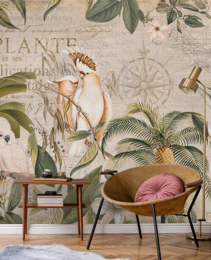 beige tropisk tapetmaleri kaldet Wistful Cockatoo Jungle Mural af Andrea Haase til soveværelser og stuer