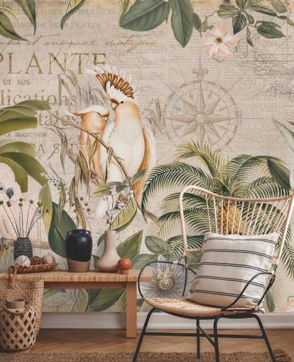 beige tropisk tapet väggmålning som heter Wistful Cockatoo Jungle Mural av Andrea Haase för sovrum och vardagsrum