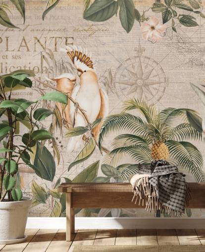 beige trooppinen taustakuvamaalaus nimeltä Wistful Cockatoo Jungle Mural, kirjoittanut Andrea Haase makuuhuoneisiin ja olohuoneisiin