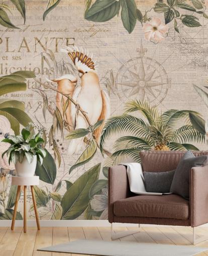 Beiges tropisches Tapeten-Wandbild namens Wistful Cockatoo Jungle Mural von Andrea Haase für Schlafzimmer und Wohnzimmer