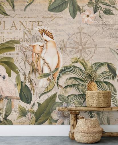 beige tropisk tapet veggmaleri kalt Wistful Cockatoo Jungle Mural av Andrea Haase for soverom og stuer