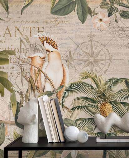 mural de papel pintado tropical beige llamado Wistful Cockatoo Jungle Mural de Andrea Haase para dormitorios y salas de estar