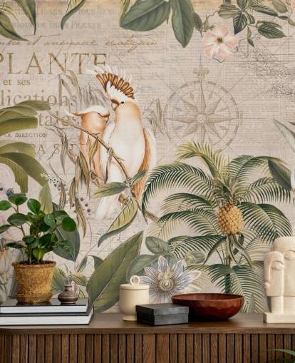 mural de papel pintado tropical beige llamado Wistful Cockatoo Jungle Mural de Andrea Haase para dormitorios y salas de estar