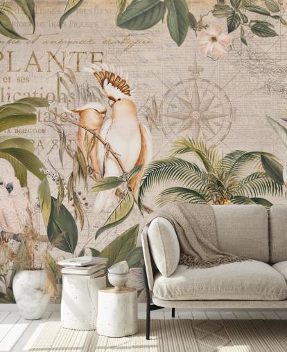 beige trooppinen taustakuvamaalaus nimeltä Wistful Cockatoo Jungle Mural, kirjoittanut Andrea Haase makuuhuoneisiin ja olohuoneisiin