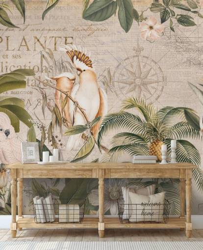 beige tropical wallpaper mural called Wistful Cockatoo Jungle Mural by Andrea Haase for bedrooms and living rooms