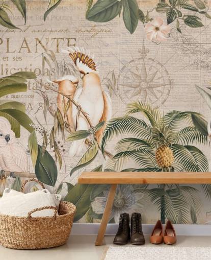 beige tropical wallpaper mural called Wistful Cockatoo Jungle Mural by Andrea Haase for bedrooms and living rooms