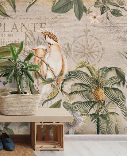 mural de papel pintado tropical beige llamado Wistful Cockatoo Jungle Mural de Andrea Haase para dormitorios y salas de estar